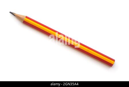 Top view of single red and yellow graphite pencil isolated on white Stock Photo