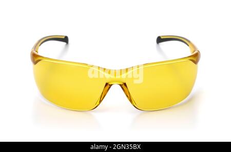 Front view of yellow polarized bicycle sunglasses isolated on white Stock Photo