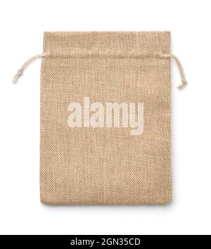 Front view of empty burlap drawstring gift bag isolated on white Stock Photo