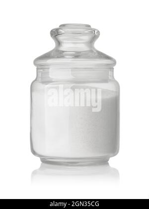 Front view of  refined granulated sugar in glass jar isolated on white Stock Photo
