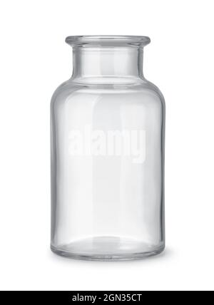 Front view of open empty glass wide neck medicine bottle  isolated on white Stock Photo