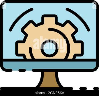 Gear on computer screen icon. Outline gear on computer screen vector icon color flat isolated Stock Vector
