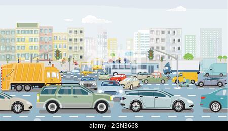 Big city with road traffic and public transport, illustration Stock ...