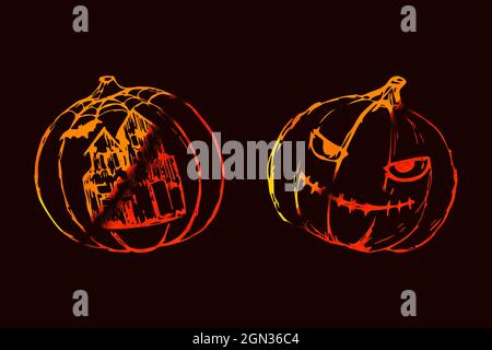 Set of pumpkin halloween. Hand drawing sketch, watercolor contour. Isolated. Dark background. Vector illustration Stock Vector