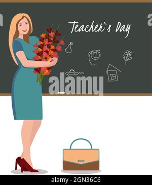 Teacher's Day, teacher, with flowers, at the blackboard, briefcase, on a white background. Vector illustration Stock Vector