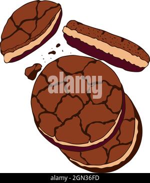 Hand drawing cookies with cream, filling between two layers, on a white background, broken, with crumbs. Stock Vector