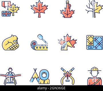 Canadian symbols RGB color icons set Stock Vector