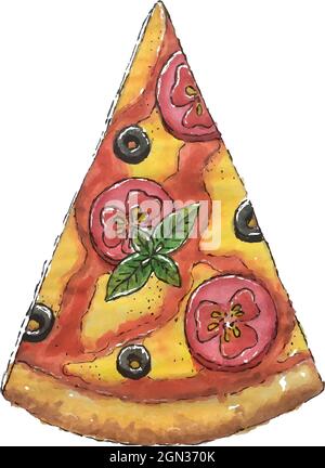 Pizza slice, piece of pizza, tomato, cheese, olives, basil, dough, ketchup, watercolor drawing. Vector illustration Stock Vector