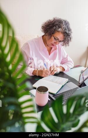 High angle of senior female entrepreneur taking notes in agenda while working at desk with netbook in workspace Stock Photo