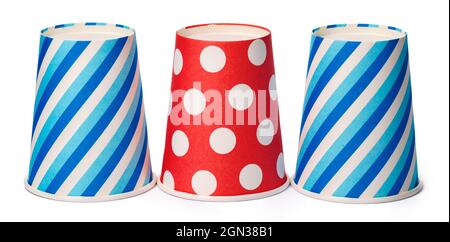 Paper disposable cups with colored pattern isolated on white background Stock Photo