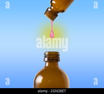 Herbal or cosmetic bottles. Natural remedies, aromatherapy - flask. A drop of liquid with rose petals falls. Light blue background Stock Photo