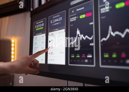 Crop anonymous female trader pointing at monitor with cryptocurrency and crypto wallet statistics Stock Photo