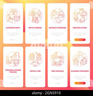 Raising child red gradient onboarding mobile app page screen set Stock Vector