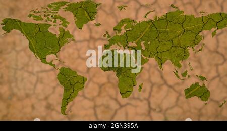 Map of the planet Earth with the risks of climate change. Continents have the texture of a drying leaf and oceans are like dry land. Background out of Stock Photo