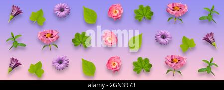 Repeating pattern from leaves and flowers, isolated on blue gradient background, flat lay, top view. The concept of summer, spring for card, web, tabl Stock Photo