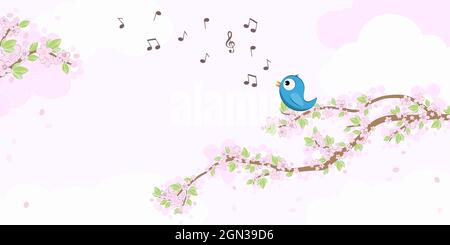 eps vector file with blue colored bird in love, sitting on branches with blossoms and green leaves in spring time, singing with musical notes, backgro Stock Vector