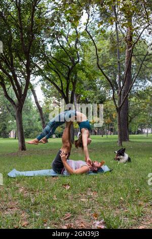 Side view of concentrated couple in sportswear practicing acroyoga on green grass near obedient dog in park in daytime Stock Photo