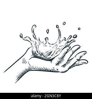 Clean water splash on human hand. Vector hand drawn sketch illustration. Skin care and spa procedures design element. Stock Vector