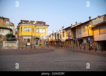 Bulgaria, Veliko Tarnovo, August 2021. Morning streets of an old cozy Bulgarian city. Architecture of Veliko Tarnovo. Stock Photo