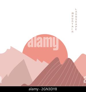 Mountain landscape at sunset poster. Geometric landscape background in asian japanese style. Stock Vector