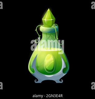 Potion bottle with nature elixir, vial with green magic liquid, crystal bung and plant vines. Vector flask with earth energy. Cartoon witch poison, ui asset for magic game isolated on black background Stock Vector