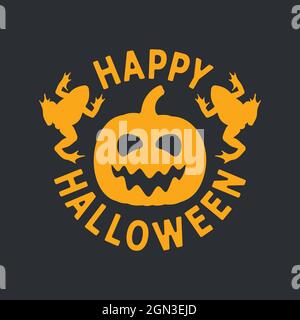 Orange Happy Halloween emblem with pumpkin and toads on a black background. Isolated vector objects. Stock Vector