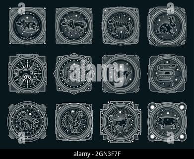 Chinese horoscope occult symbols and zodiac animals esoteric vector signs. Chinese zodiac horoscope signs in sacred geometry, occultism magic and astrology esoteric cards line art design Stock Vector