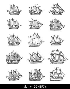 Sail ship, sailboat and brigantine vintage sketch. Vector pirate boat, nautical frigate with flags and wooden deck. Vintage sea vessels, engraved galleons design elements isolated on white background Stock Vector