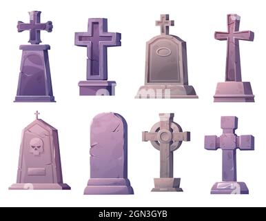 Cartoon stone grave crosses and gravestones. Graveyard crosses and scary tombstones, cemetery vector gothic gravestones with human skull, plate and cracks, celtic ringed high cross on pedestal Stock Vector