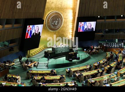 (210922) -- UNITED NATIONS, Sept. 22, 2021 (Xinhua) -- Slovak President Zuzana Caputova addresses the general debate of the 76th session of the United Nations General Assembly at the UN headquarters in New York, Sept. 21, 2021. The General Debate of the 76th session of the United Nations General Assembly kicked off on Tuesday. (Xinhua/Wang Ying) Stock Photo