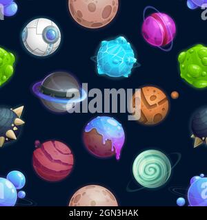 Cartoon space planets and stars seamless pattern, vector galaxy background. Fantasy space planets with alien planets of ice or fire, ufo spaceship and fantastic extraterrestrial satellites pattern Stock Vector