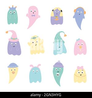 Cute Halloween cartoon ghosts, pastel colors. vector set. Stock Vector