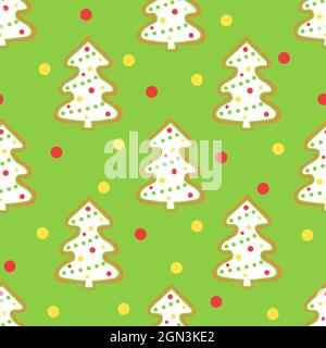 Christmas and New Year seamless pattern with fir trees. Vector background with glazed gingerbreads in the form of Christmas trees. Decorated pine tree Stock Vector