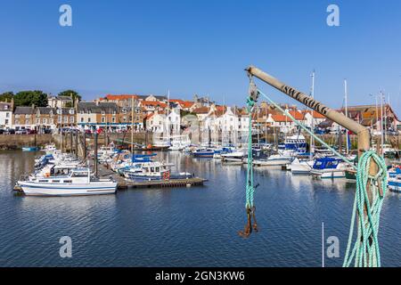 Boats moored at the picturesque Anstruther Harbour in the East Neuk of Fife, Scotland. Stock Photo