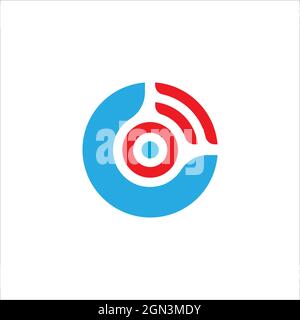 Letter C alphabet with wifi signal. Happy person with brainwave energy above his head. Wireless network technology logo design template. Red And Blue Stock Vector