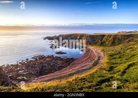 The cliffs and beach at Strathlethan Bay, near Stonehaven, with Dunnottar Castle in the distance. Taken just after sunrise. Stock Photo