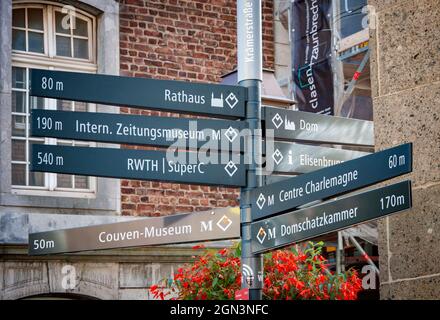 AACHEN, GERMANY. OCTOBER 04, 2020 Charlemagne Rathaus Direction signboards Stock Photo