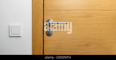 brown wooden door with metal handle. copy space Stock Photo