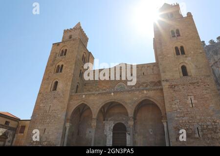 Cefalu cathedral against blue sunny sky, Sicily, Italy Stock Photo