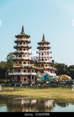 Temple in Kaohsiung in Taiwan. Scenic view of a park with a two temples in Taiwan. High quality photo Stock Photo