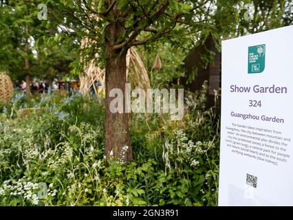 London, UK. 20th Sep, 2021. Photo taken on Sept. 20, 2021 shows a view of Guangzhou Garden at the RHS (Royal Horticultural Society) Chelsea Flower Show press day in London, Britain. China's Guangzhou Garden, one of the four gold medal-winning show gardens, was awarded 'Best in Show' by judges at the Royal Horticultural Society. Credit: Han Yan/Xinhua/Alamy Live News Stock Photo