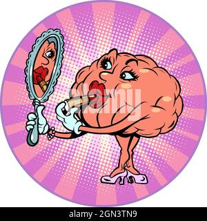a woman paints her lips in front of a mirror, makeup human brain character, smart wise Stock Vector