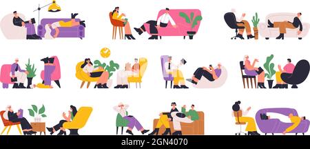 Psychotherapy help individual and group therapy consultation session. Psychotherapist session, patients sitting on sofa vector illustration set Stock Vector
