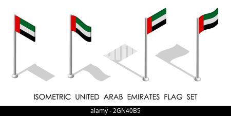 isometric flag of UNITED ARAB EMIRATES in static position and in motion on flagpole. 3d vector Stock Vector