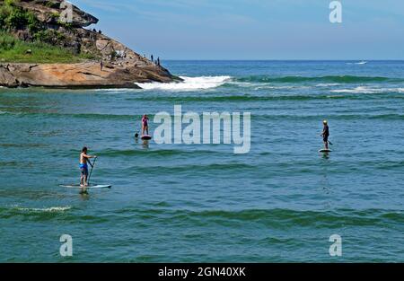 RIO DE JANEIRO, BRAZIL - APRIL 21, 2017: People practicing stand up paddle at Barra da Tijuca beach Stock Photo