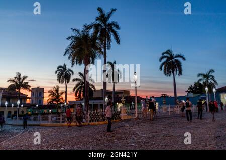TRINIDAD, CUBA - FEB 8, 2016: Night view of Plaza Mayor in the center of Trinidad, Cuba. Stock Photo