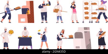 Professional bakers characters cooking, baking bread and pastry. Bakers characters making pastry and tasty bread vector Illustration set. Bakers male Stock Vector