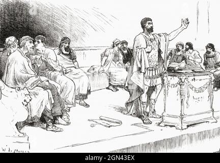 Hannibal in the assembly at Carthage. Hannibal, 247 – c.183/181 BC.  Carthaginian general and statesman.  At the end of the Second Punic War in 201 BC he was elected suffete (chief magistrate) of the Carthiginian state.  From Cassell's Illustrated Universal History, published 1883. Stock Photo