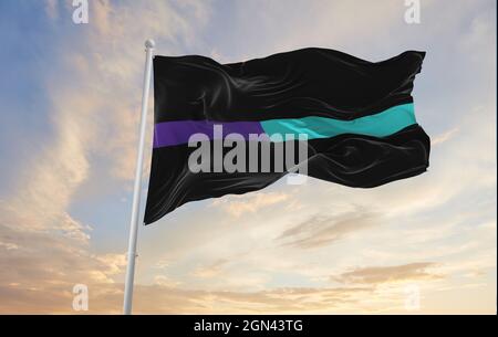 Thin Purple-Teal Line flag waving at cloudy sky background on sunset, panoramic view. Suicide awareness and prevention flag. copy space for wide banne Stock Photo