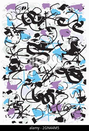 Doodle Handdrawn Pop Design, Black and Colors, Abstract Vibrant Line Illustration, Tablet Notebook Sketch Stock Vector